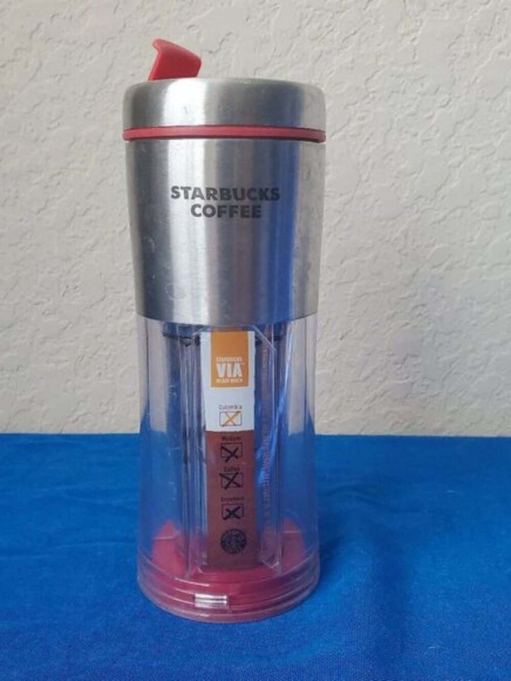 VTG 2009 Starbucks VIA Ready Brew Tumbler 10oz Stainless Steel Coffee Mug Clear
